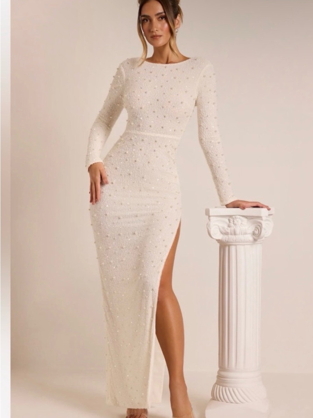 Oh Polly Long Sleeve Pearl-Embellished Cream Bodycon Dress